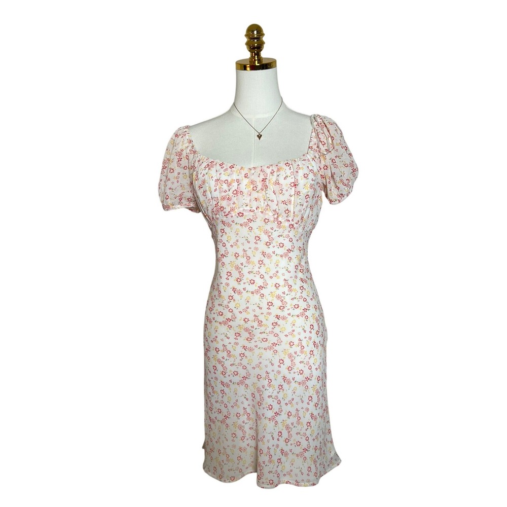 Victoria + Sophia Floral Milkmaid Mini‎ Dress Cream Pink Puff Sleeve Medium